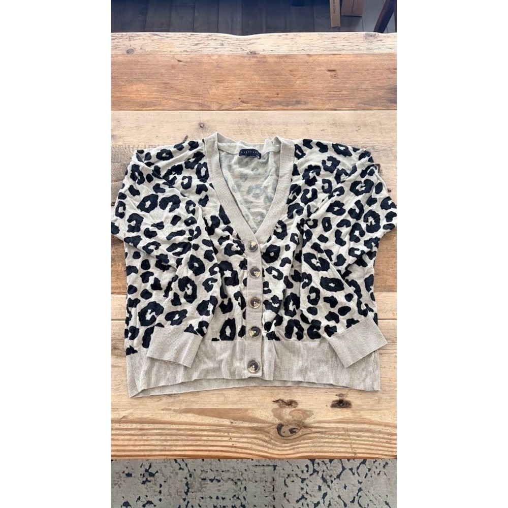 Sanctuary Leopard Print V-Neck Button Front Cardigan Sweater Tan Black Large